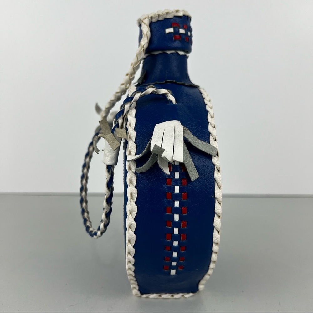 Vintage Folk Art Blue Floral Leather Covered Glass Bottle Canteen Decanter Flask - Picture 2 of 12